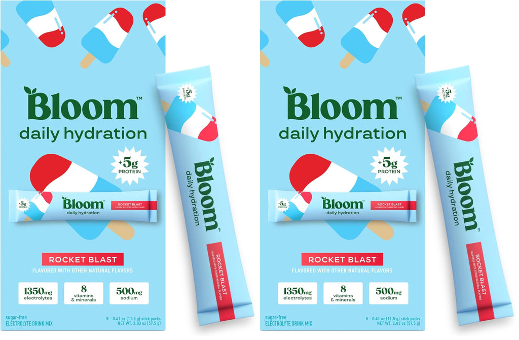 Bloom Daily Hydration Electrolyte Powder Packets with Collagen, 5g Protein, Electrolytes, Vitamins & Minerals, Sugar Free Drink Mix, Rocket Blast, 5 Count (Pack of 2)