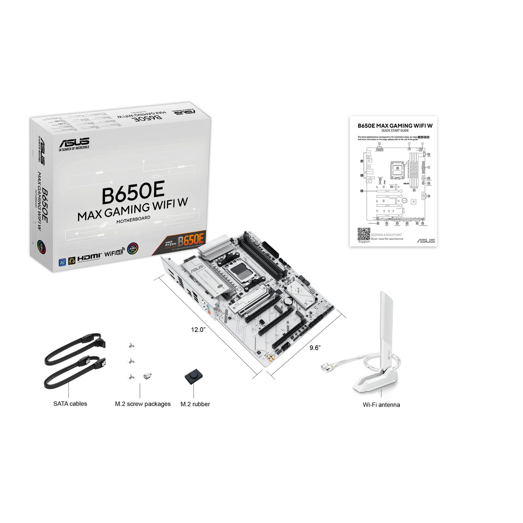 ASUS B650E MAX Gaming WiFi W – AMD B650 AM5 ATX Motherboard, White PCB, DDR5, PCIe 5.0, 3X M.2, Wi-Fi 6E, 2.5Gb LAN, USB 10Gbps Type-C, DisplayPort, HDMI™, BIOS Flashback™, Aura Sync, Advanced AI PC
