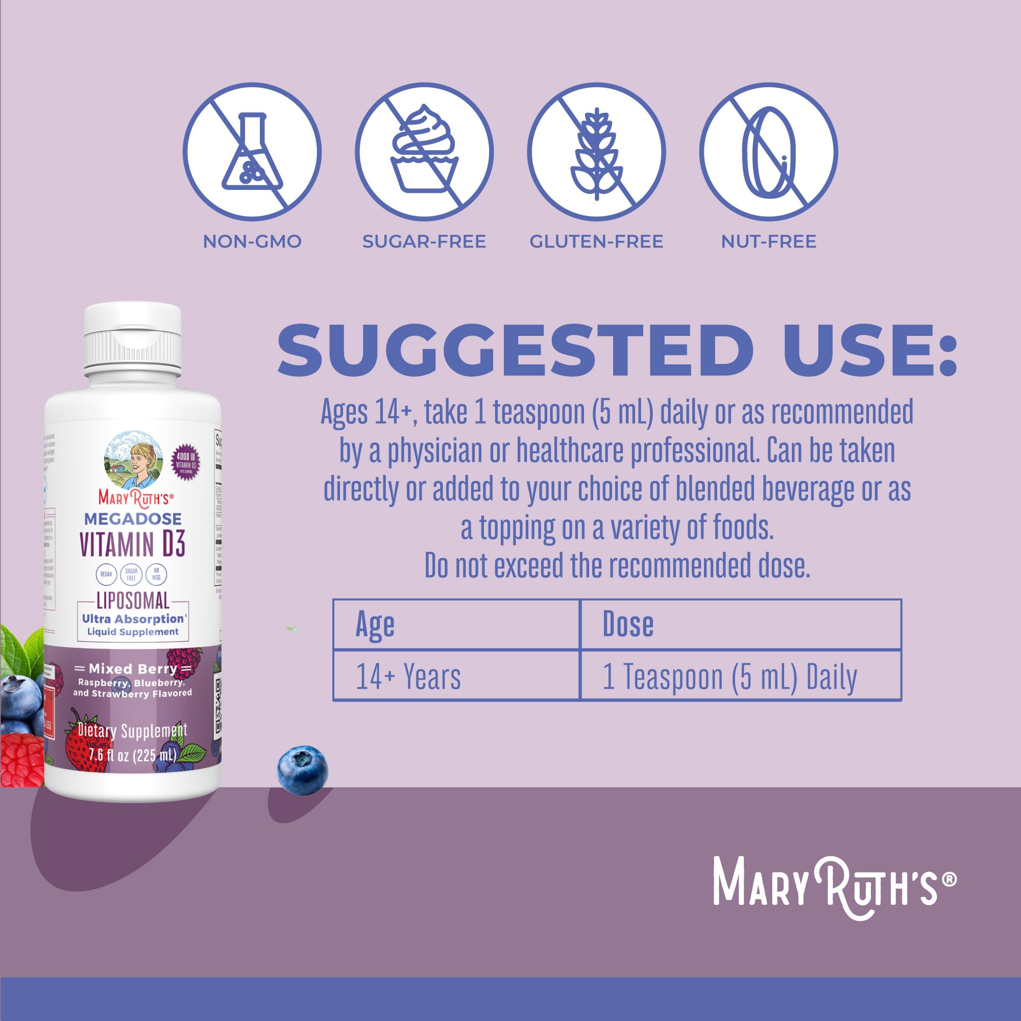 MARYRUTH'S Megadose Vitamin D3 Liposomal, Vitamin D 4000 IU, 45 Servings