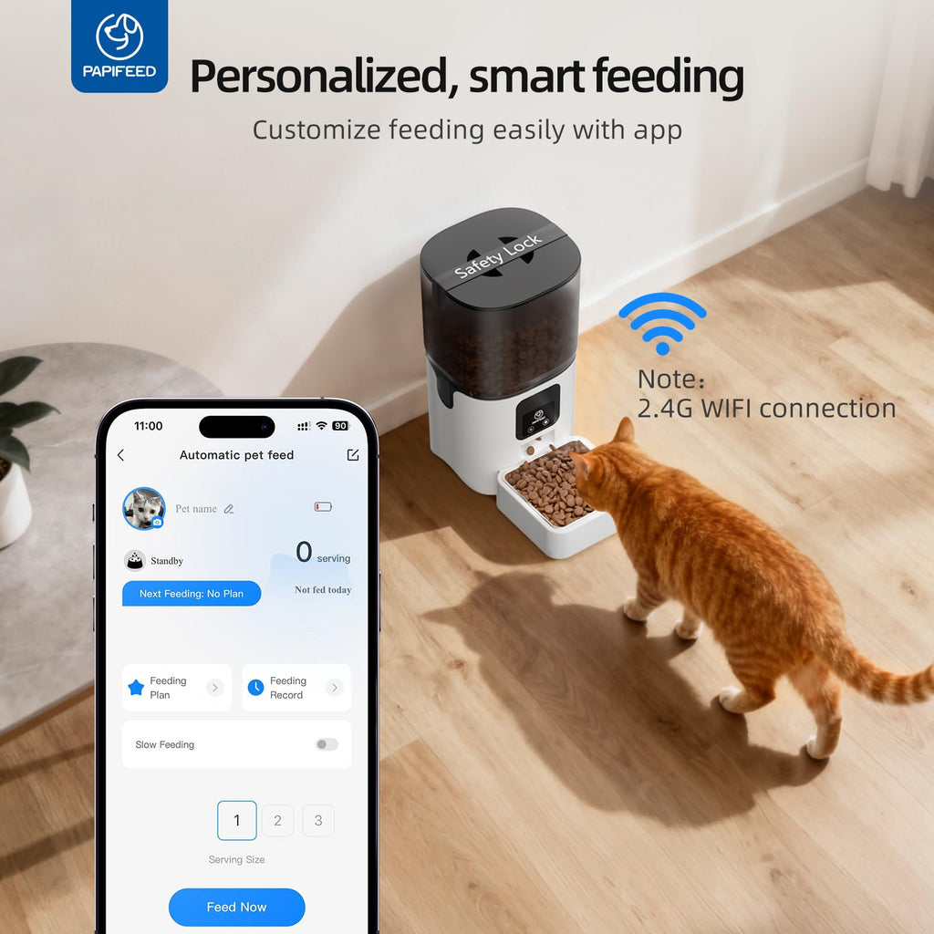 PAPIFEED Automatic Cat Feeder with App, 2.4G WiFi Cat Food Dispenser, 6L Timed Cat Feeder for Dry Food, 10 Meals/Day, 12 Portions/Meal, Dual Power Supply Smart Pet Feeder for Dog, White