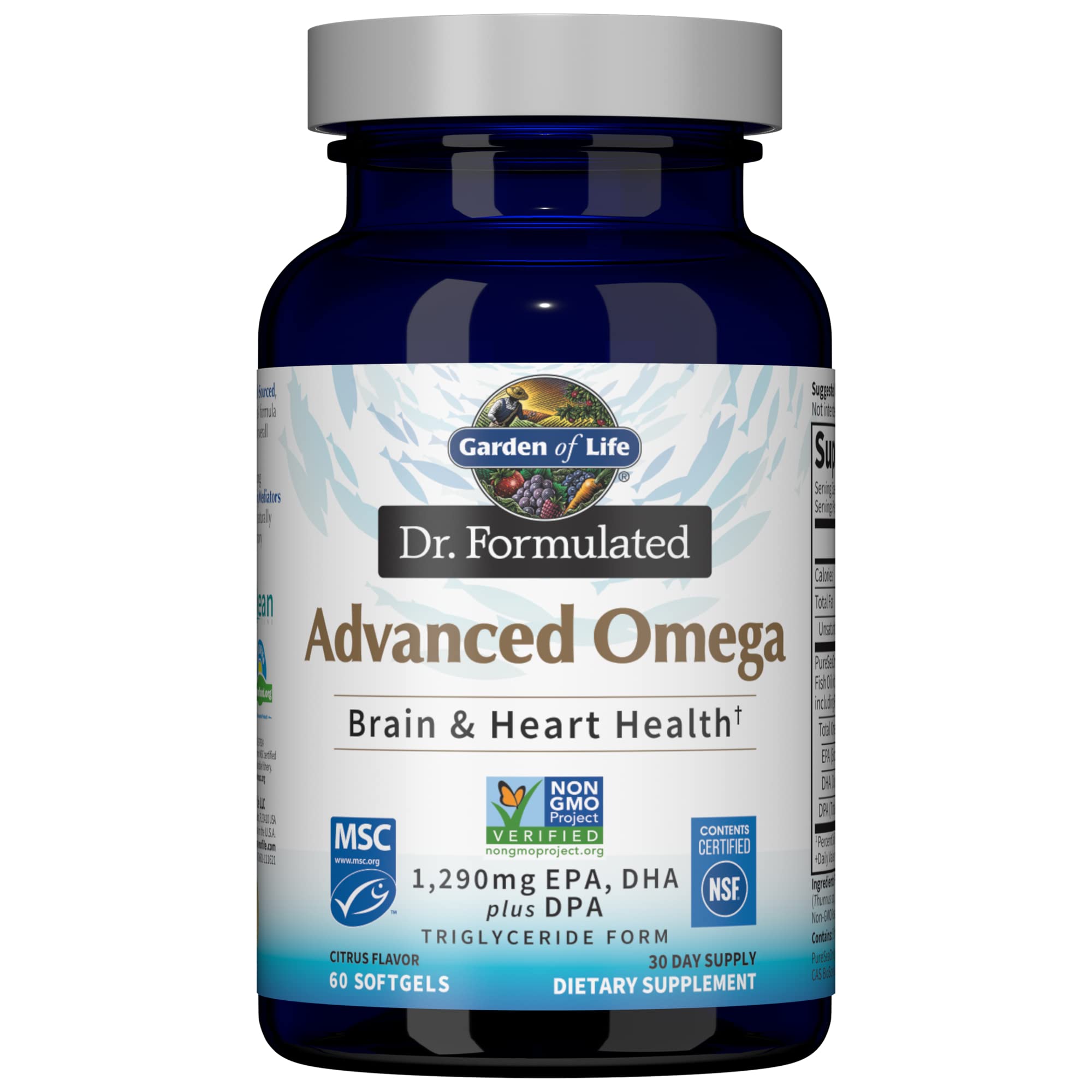 Garden of Life Dr. Formulated Advanced Omega Fish Oil, 1,290mg EPA, DHA & DPA in Triglyceride Form - Omega 3 Fish Oil Supplement for Heart Health & Brain Support, Non-GMO, Citrus Flavored, 60 Softgels