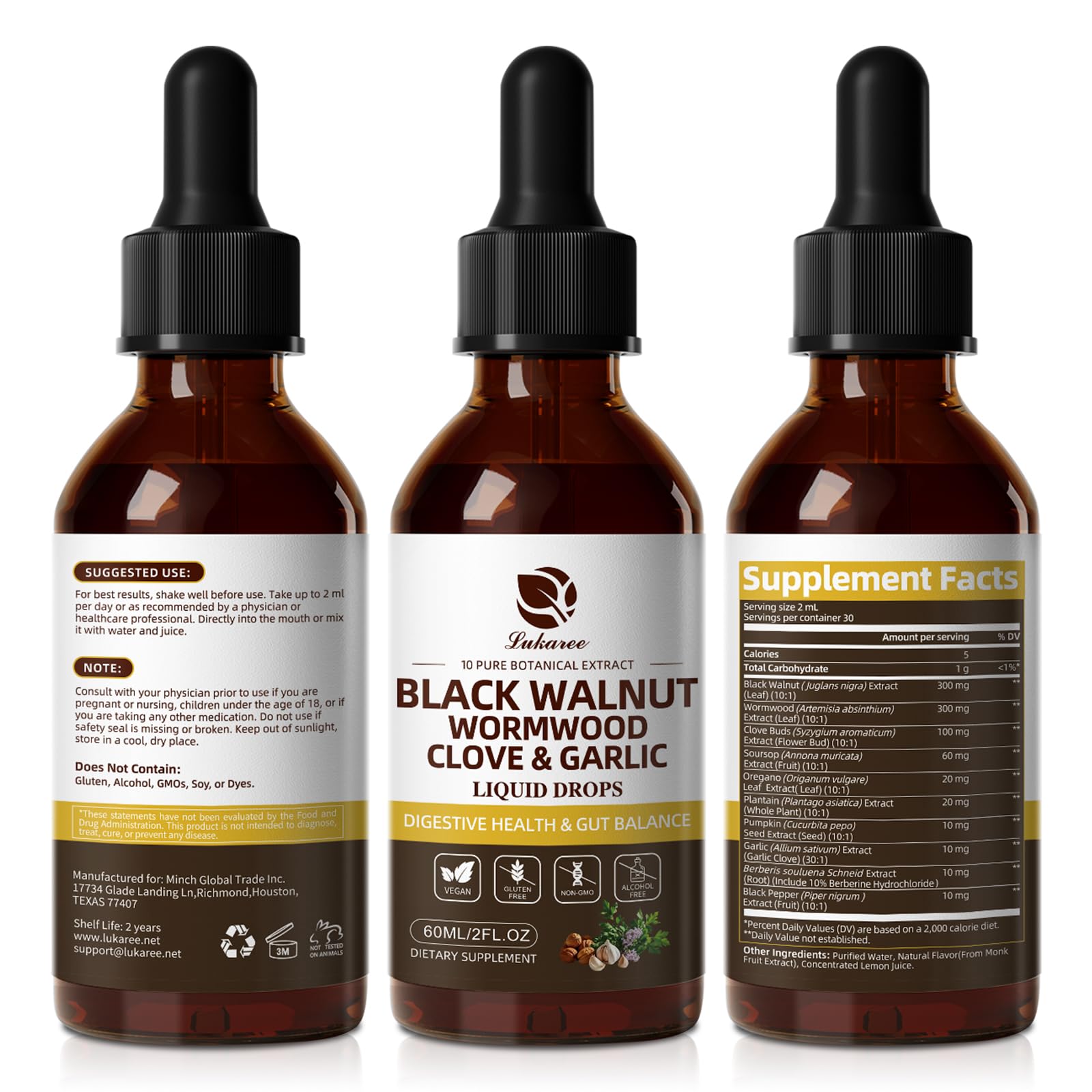 Lukaree 2 Pack Wormwood Black Walnut Cleanse Tincture - Rapid Gut Detox