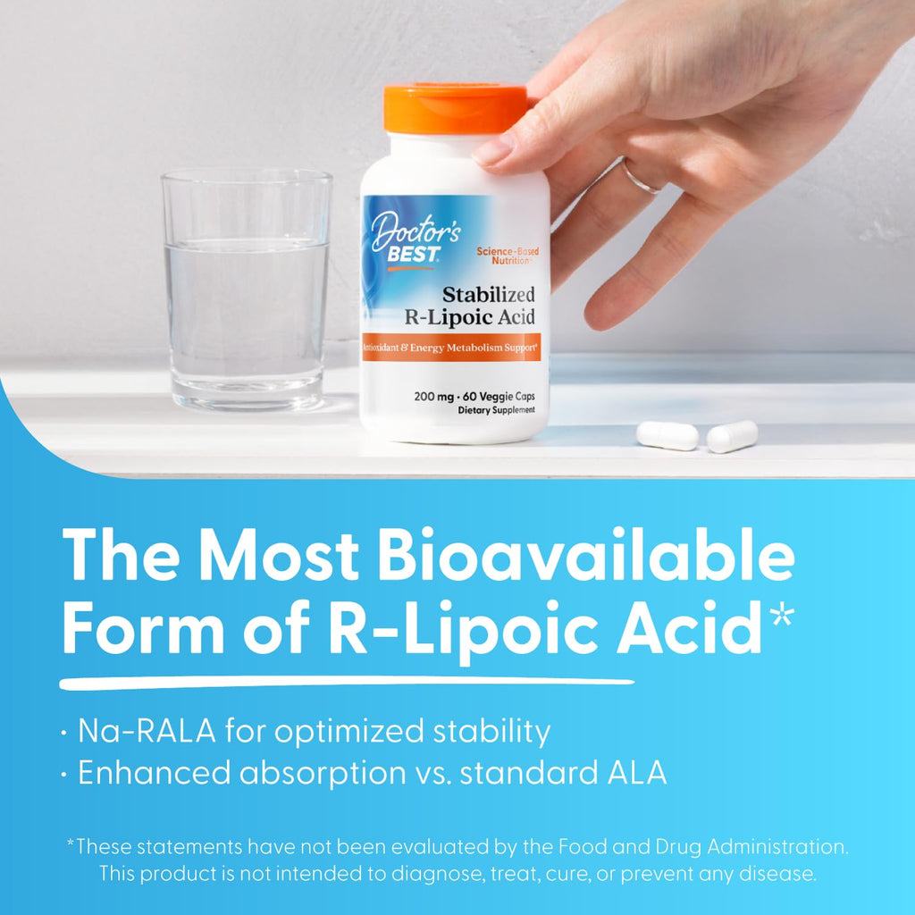 Doctor's BEST Stabilized R-Lipoic Acid Supplement 200 mg - R-Alpha Lipoic Acid Capsules for Men & Women, Formula with D-Biotin, Antioxidant & Metabolic Response Support, Vegan - 60 Veg Caps
