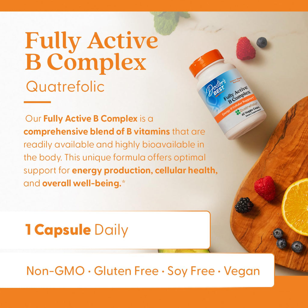 Doctor's Best Fully Active Vitamin B Complex Supplement for Men & Women - Super Complex with Methylated B12 & Folate, B6, Biotin, Pantothenic Acid, & More, Energy Support Caps - 60 Veggie Capsules