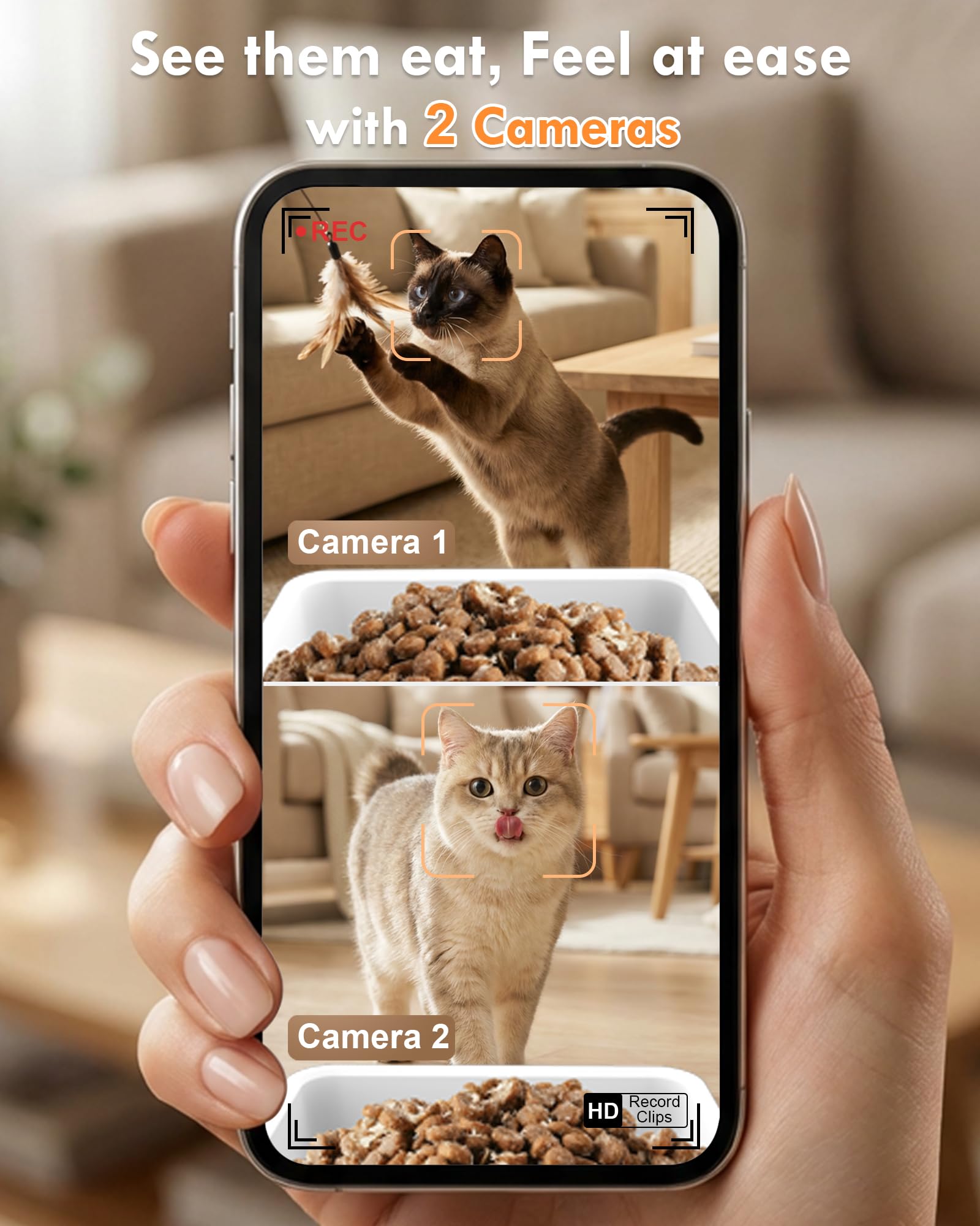 Yakry Automatic Cat Feeder for 2 Cats with Dual Bowls & Two HD Cameras
