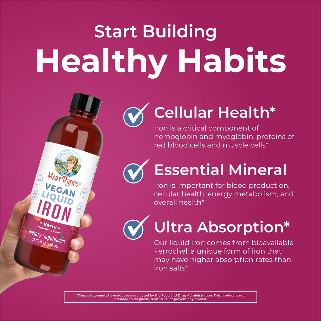 MaryRuth's MaryRuth's Liquid Morning Multivitamin +Hair Growth (Peach Mango, 15.22oz) & Iron Liquid (Berry) | Clean Label Project Verified® | Beauty, Immunity, & Overall Health | Vegan, Non-GMO