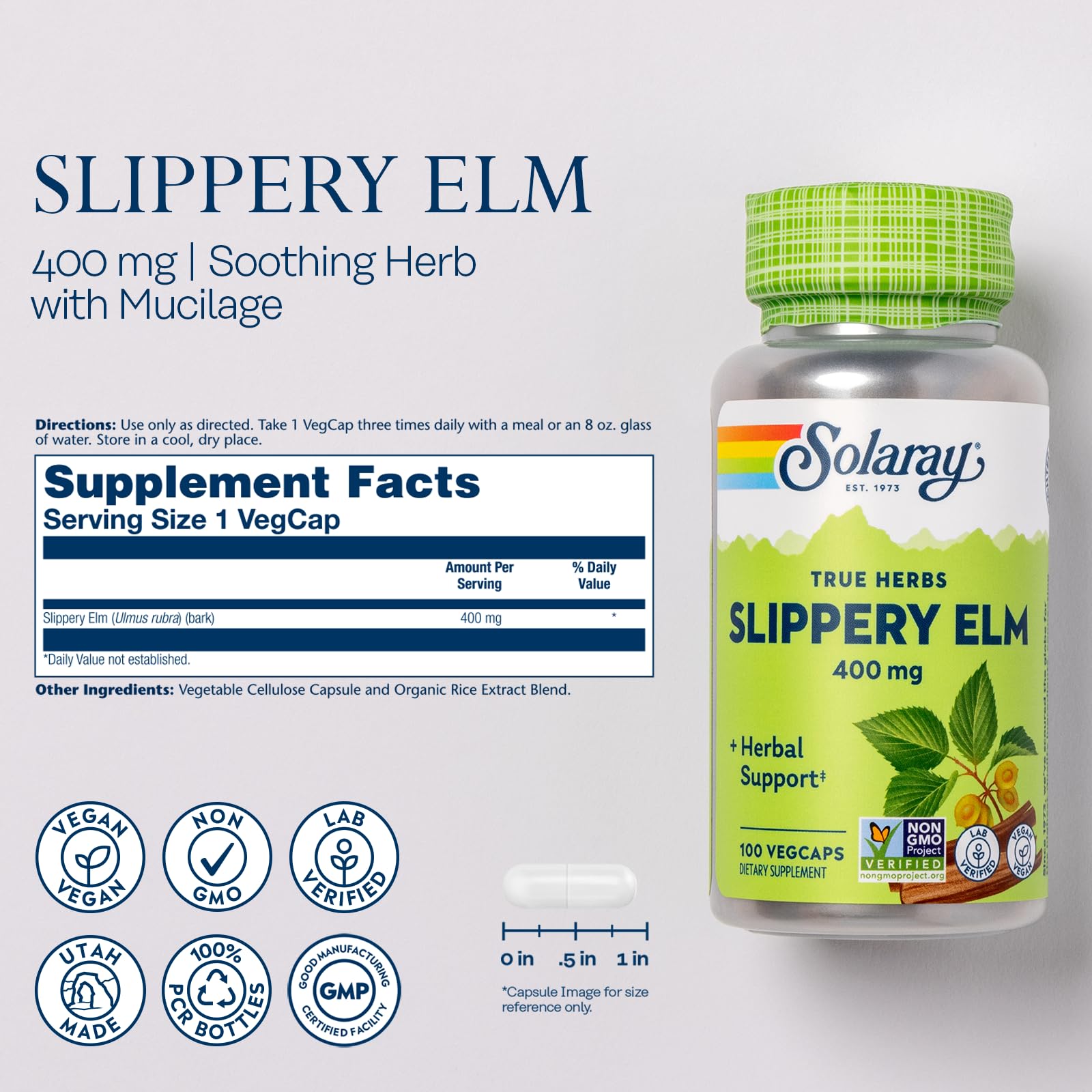 SOLARAY Slippery Elm Bark Capsules (Ulmus Rubra) 400 mg - Soothing Herbal Support with Mucilage - Vegan, Lab Verified - 100 Servings, 100 VegCaps
