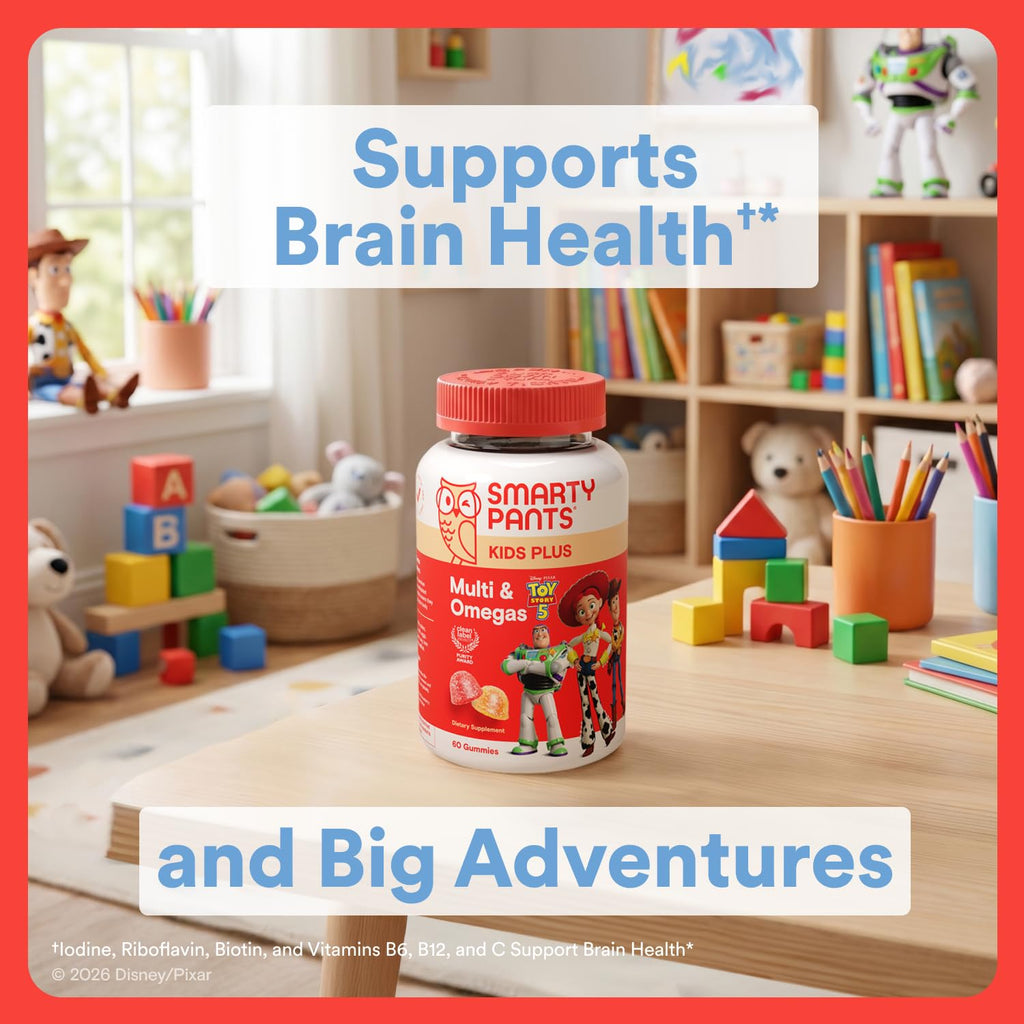 SmartyPants and Disney-Pixar’s Toy Story 5 Kids Multivitamin Gummies, Omega 3 DHA EPA, Vitamin D, C, B12, E, Zinc and Iodine, Clean Label, Gluten Free, Mixed Fruit Flavors, 30 Day Supply, 60 Gummies
