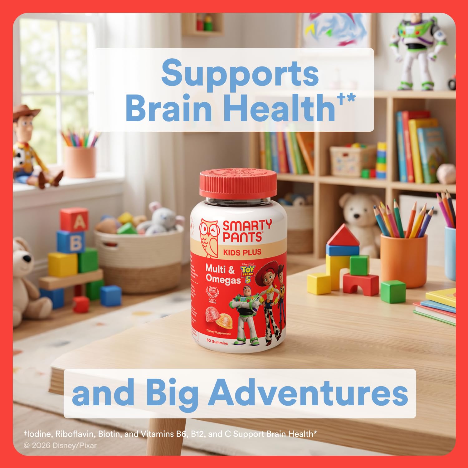 SmartyPants and Disney-Pixar’s Toy Story 5 Kids Multivitamin Gummies, Omega 3 DHA EPA, Vitamin D, C, B12, E, Zinc and Iodine, Clean Label, Gluten Free, Mixed Fruit Flavors, 30 Day Supply, 60 Gummies
