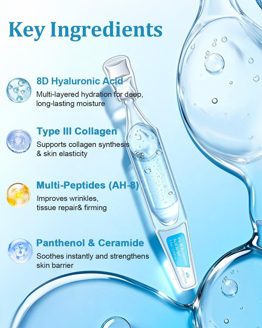 4% Hyaluronic Acid Serum for Face, 8D Hyaluronic Acid Ultra Hydrating Anti-Aging Serum with 20,000ppm Acetyl Hexapeptide-8, Korean Skincare Single-Use Ampoule for Dry & Sensitive Skin, 30pcs