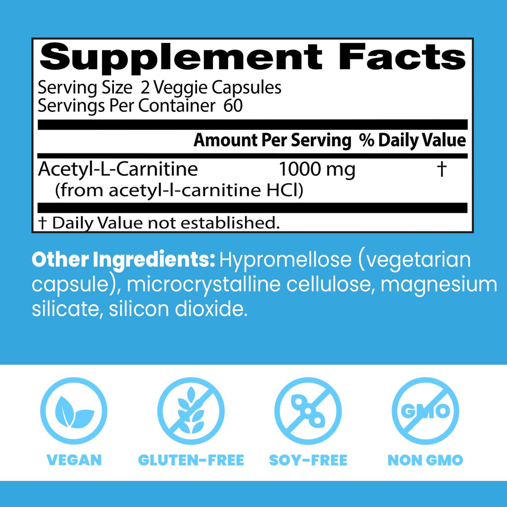 Doctors Best Acetyl-L-Carnitine 1000 mg Per Serving - Acetyl L Carnitine Supplement for Men & Women, Supports Brain & Nerve Cell Function, Mental Focus, Helps Generate Cellular Energy - 120 Veg Caps