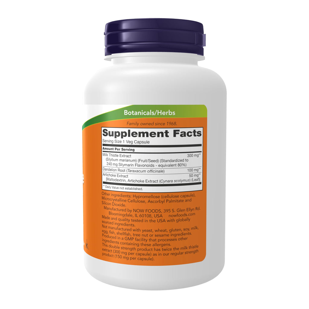 NOW Foods Supplements, Silymarin Milk Thistle Extract 300 mg with Artichoke and Dandelion, Double Strength, 200 Veg Capsules