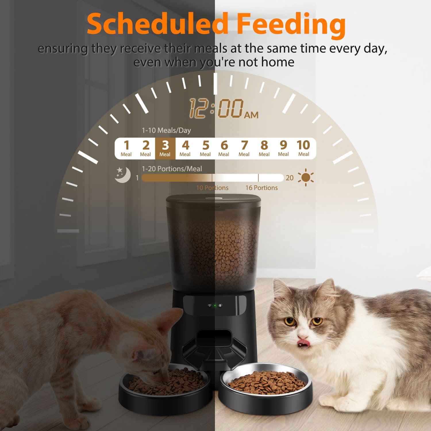 Automatic Cat Feeders WiFi for Two Cats, 5L/20 Cups Double Automatic Cat Food Dispenser with APP Control, 2 Stainless Bowls, Timer Setting 20 Portions 10 Meals Per Day
