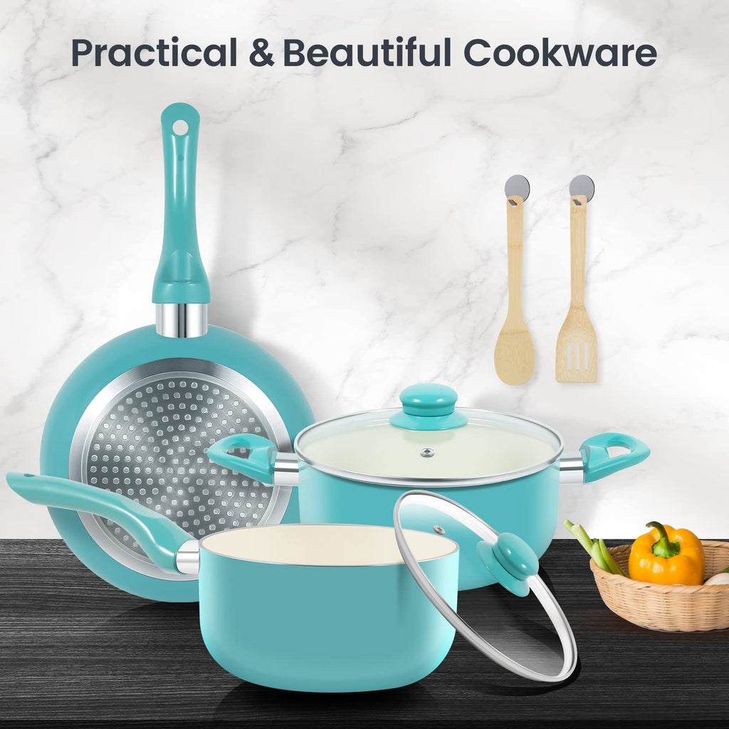 M MELENTA Pots and Pans Set 7 piece, Non Stick Teal Ceramic Cookware Set
