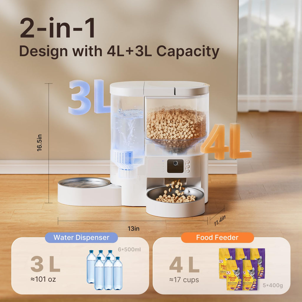 Automatic Cat Feeder with Camera, 2 in 1 Cat Food and Water Dispenser