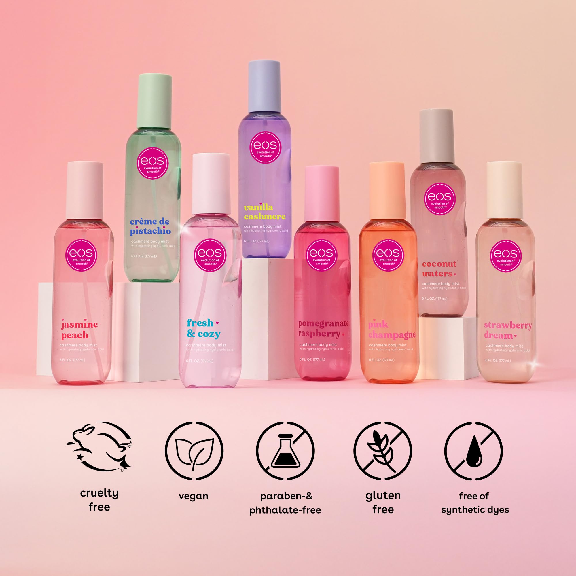 eos Cashmere Body Mist, Vanilla Cashmere, soft musk, cozy caramel, hair mist, body spray for women, moisturizing, hyaluronic acid, body spray, vegan, cruelty-free, 6 fl oz