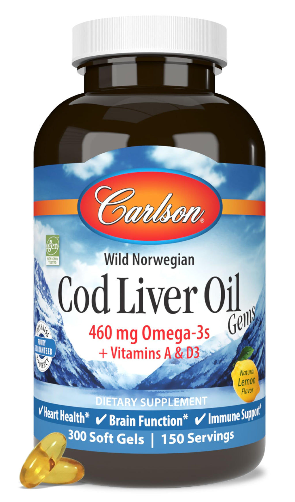 Carlson Cod Liver Oil Gems, 460 mg, Omega-3s, Lemon, 300 Softgels