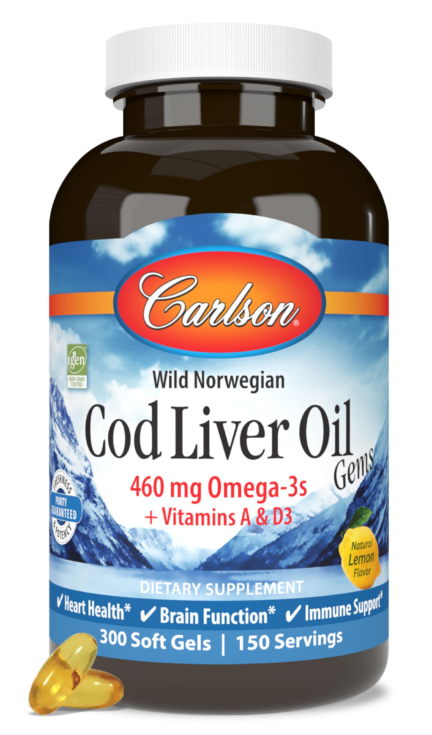 Carlson Cod Liver Oil Gems, 460 mg, Omega-3s, Lemon, 300 Softgels