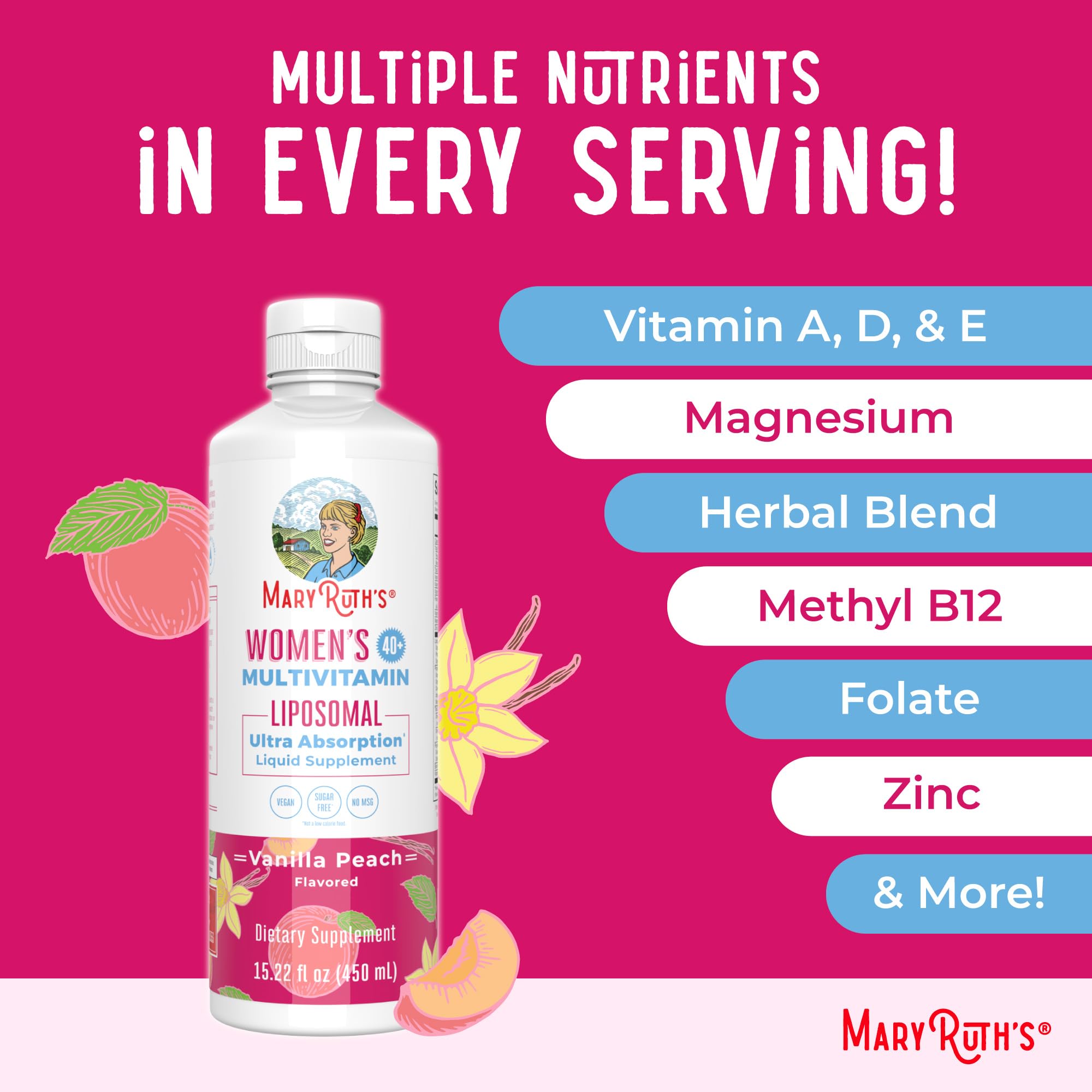MARYRUTH'S Multivitamin Liposomal for Women 40+ | Womens Multivitamin Liposomal | Immune Support Supplement | Menopause Support| Methylated Multivitamin | Vegan | Sugar Free | Non-GMO | 15.22 Fl Oz