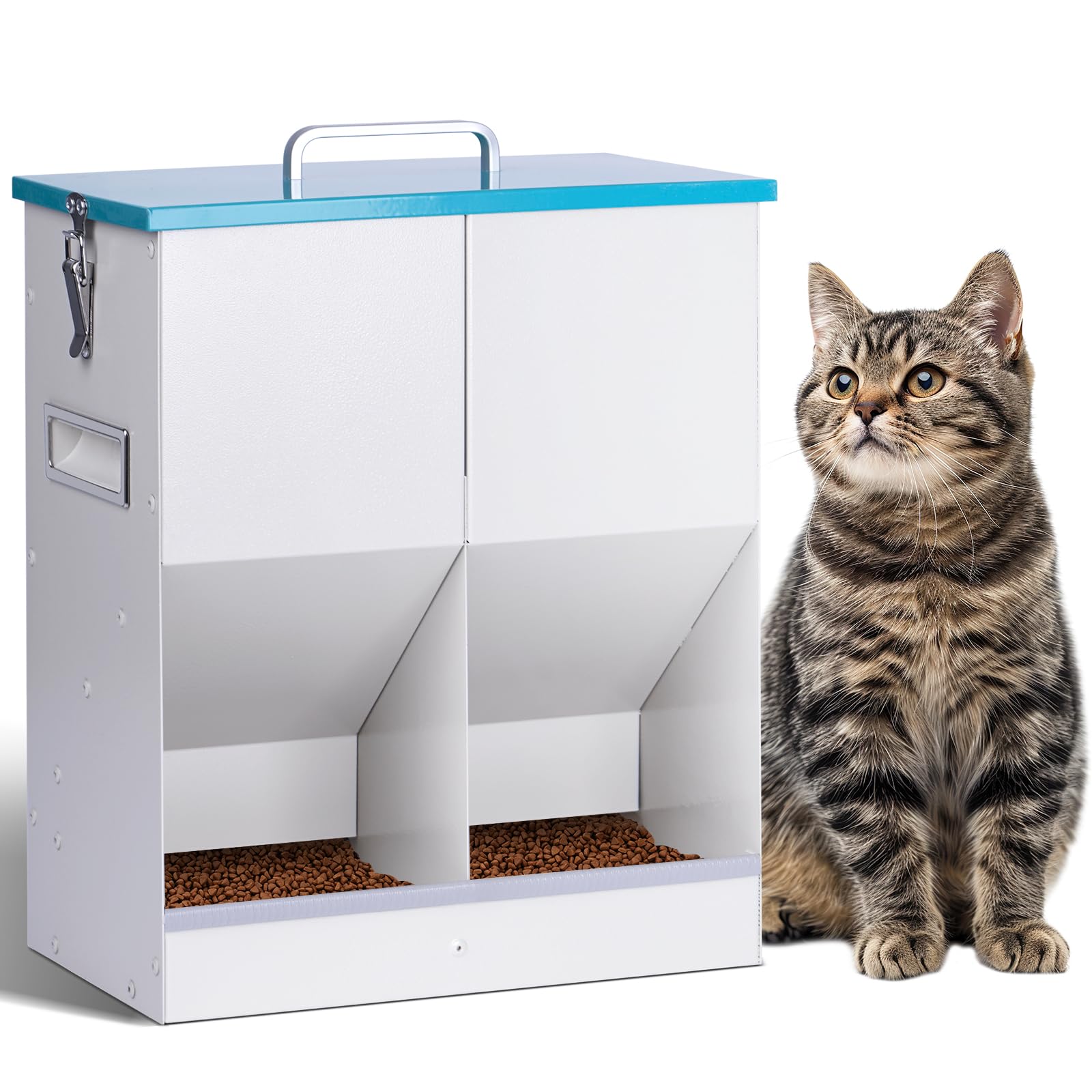 KHEARPSL Automatic Cat Feeder for 2 Cat, 42cups/10L Automatic Pet Feeder for Dogs and Cats, Multiple Cats Feeder Outdoor Large Capacity Galvanized Steel Gravity Pet Dog Dry Food Dispenser (10L)