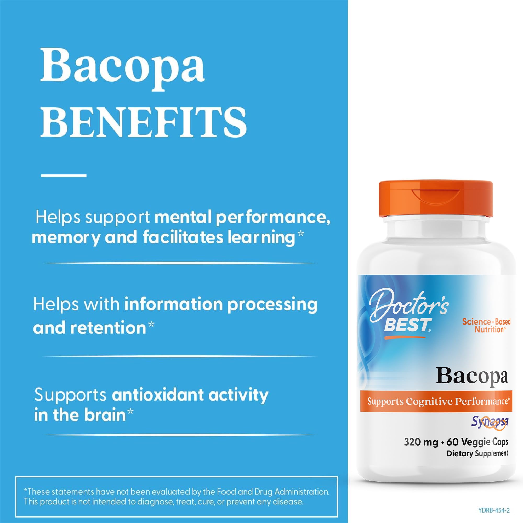 Doctors Best Bacopa Capsules - Bacopa Monnieri Extract Supplement for Men & Women, Supports Antioxidant Activity in the Brain, Memory & Focus Support, Vegan, Gluten Free, Non GMO - 60 Veg Caps