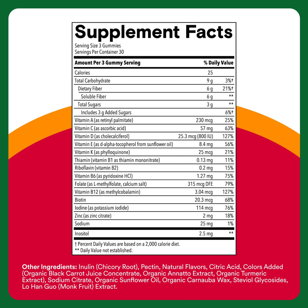 SmartyPants Plus Multi & Fiber Men and Women's Multivitamin Gummies with Prebiotic Fiber, Omega 3 DHA/EPA, Vitamin D3, C, B12, B6, A, K, Zinc, Clean Label, Three Fruit Flavors,90 Count (30 Day Supply)