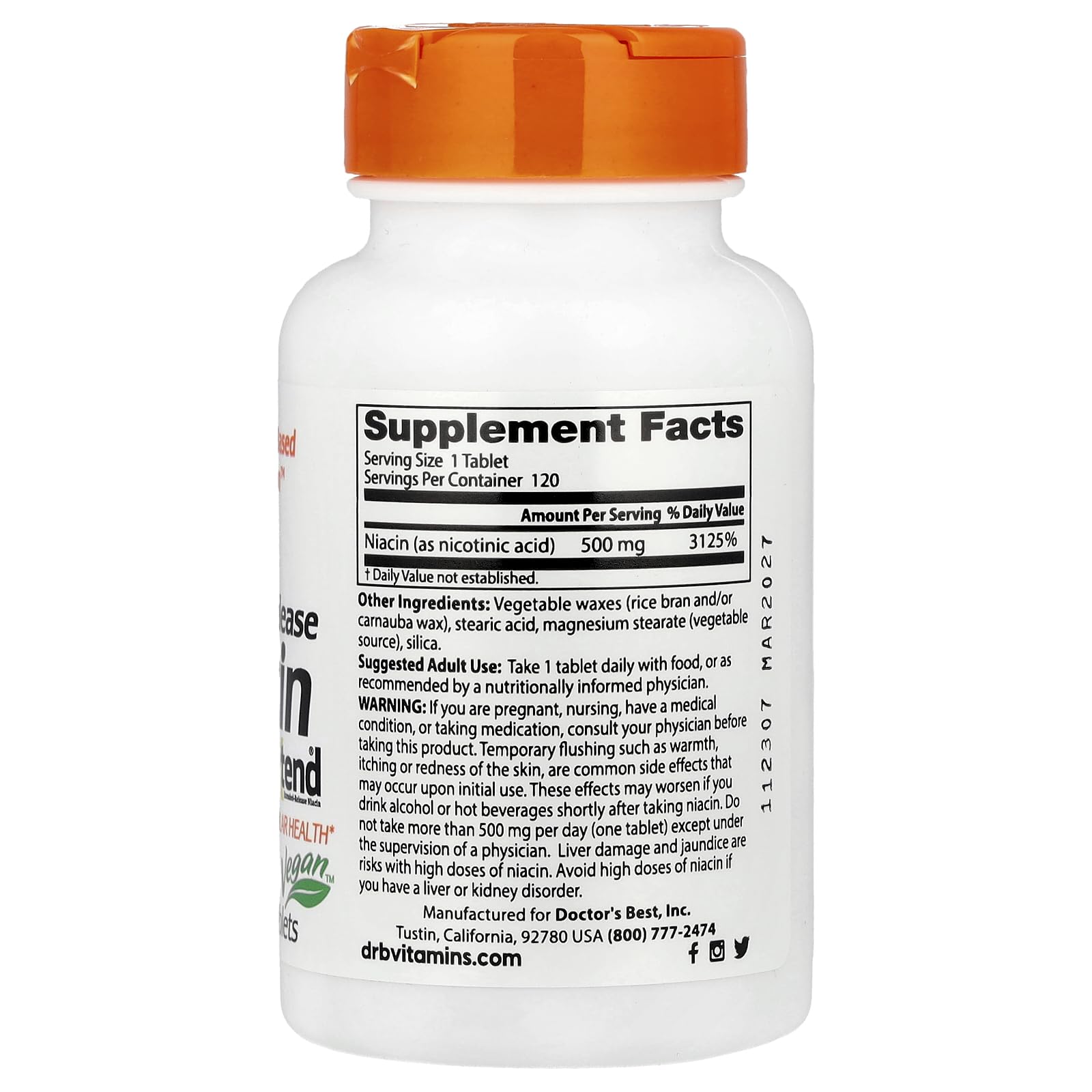 Doctor's Best Real Niacin Extended Release, 500 mg, 120 Count