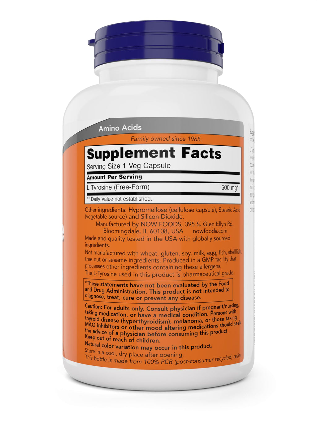 Now Foods L-Tyrosine 500mg, 300 Capsules, Non GMO, 500 mg Caps, Free Form Supplement