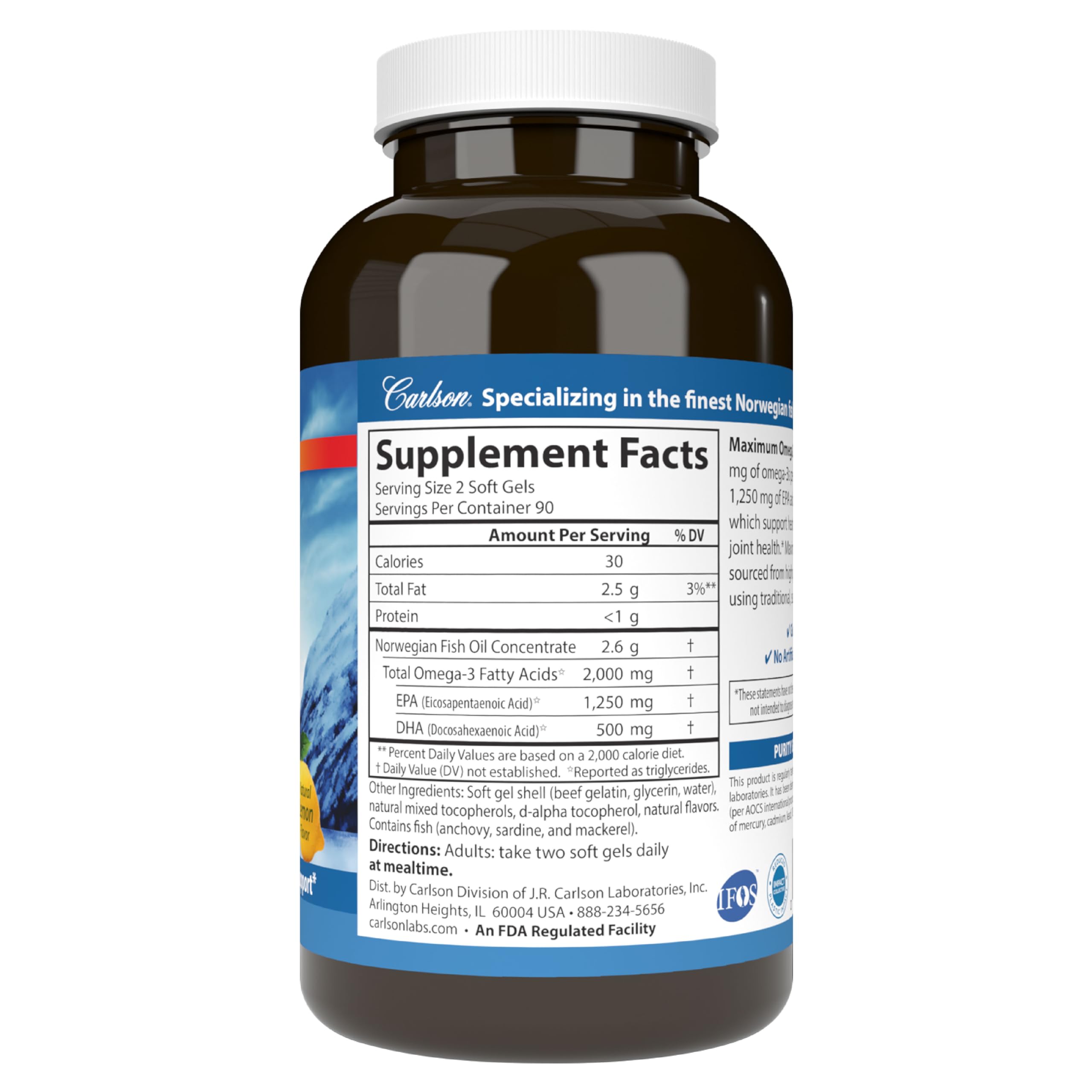 Carlson - Maximum Omega 2000, 2000 mg Omega-3 Fatty Acids Including EPA and DHA, Wild-Caught, Norwegian Fish Oil Supplement, Sustainably Sourced Fish Oil Capsules, Lemon, 180 Softgels