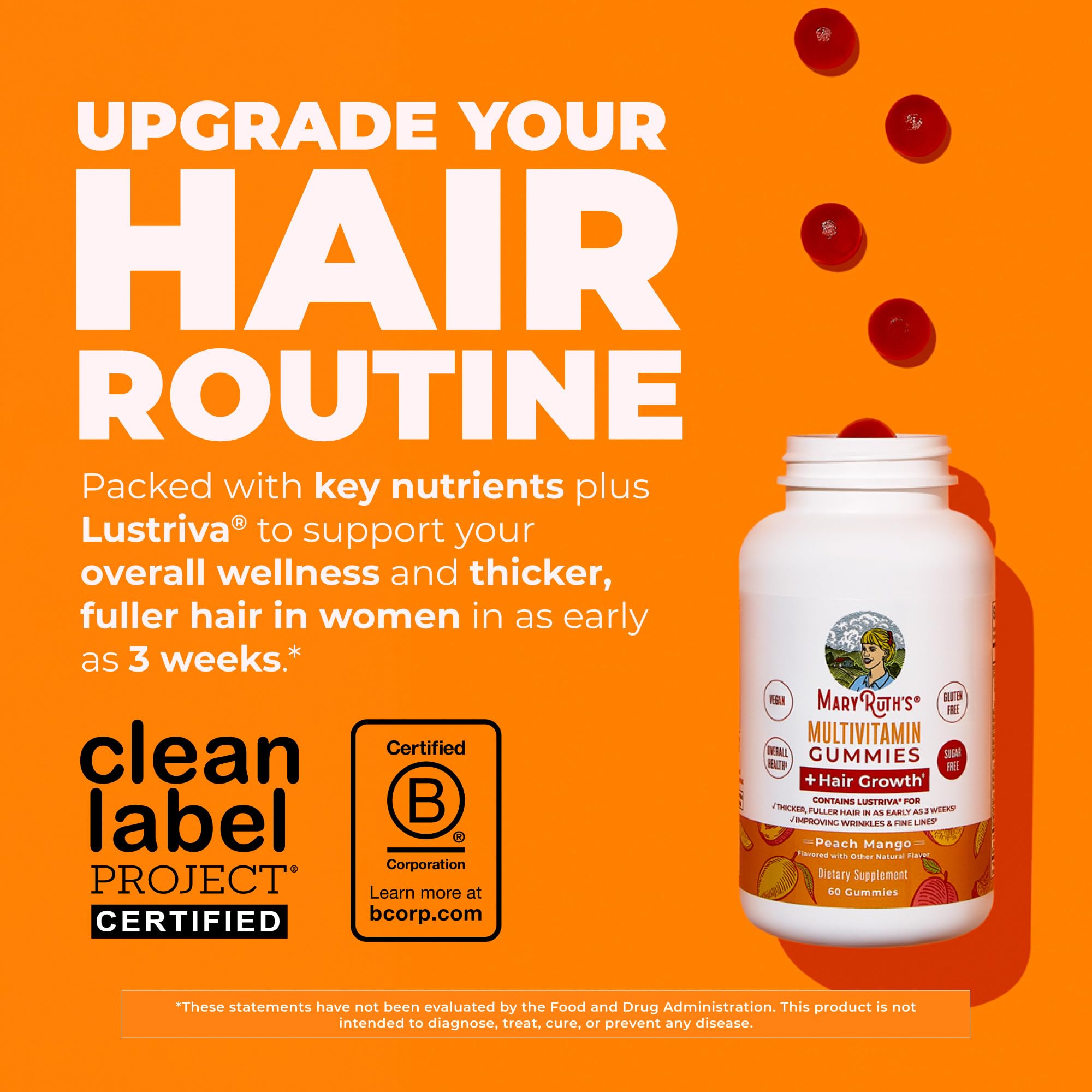 MaryRuth's Multivitamin + Hair Growth Gummies, Thicker Hair, 30 Servings