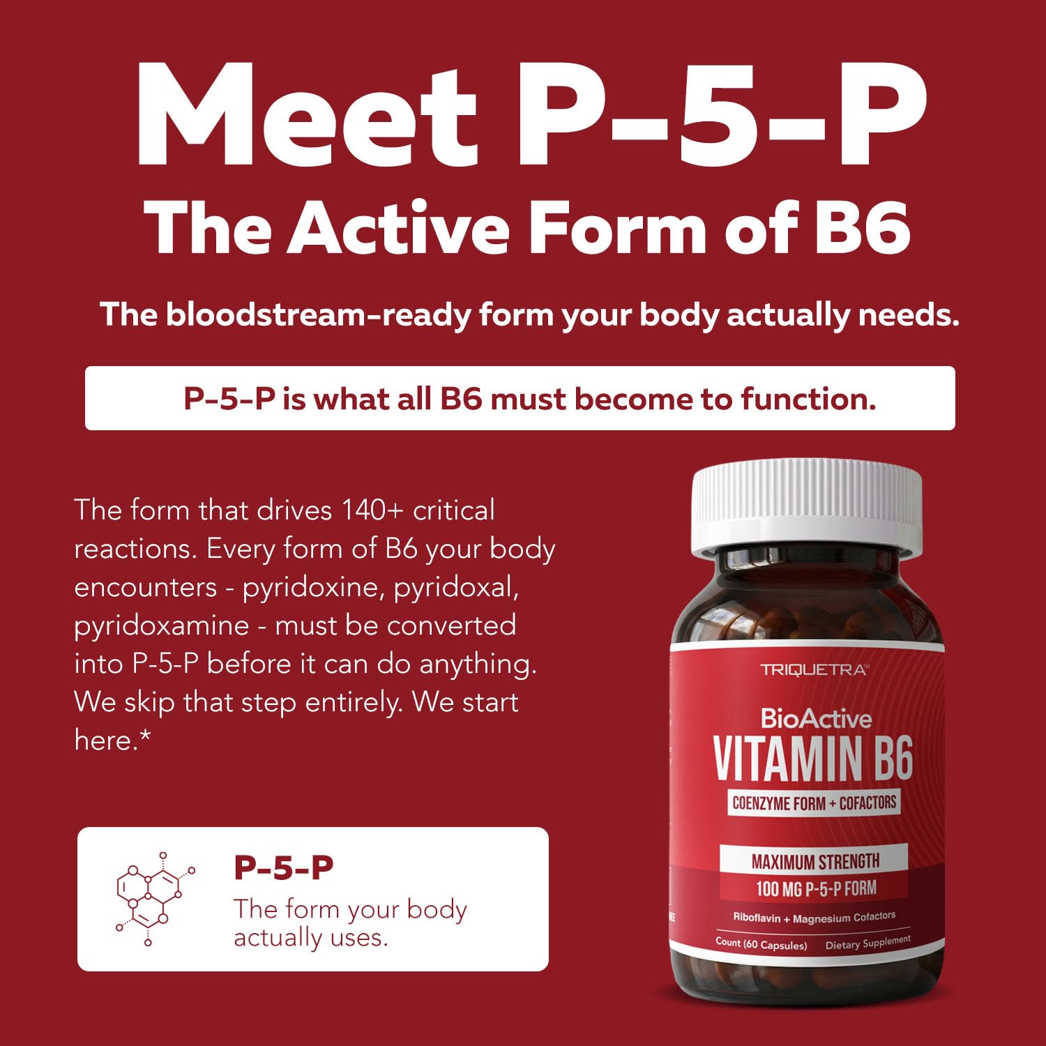 BioActive Vitamin B6 100mg Capsules - Active P-5-P Form for Mood, Energy & Cycle Support - Enhanced Absorption with Riboflavin & Magnesium - Clinical Strength, Non-GMO (60 Capsules - 2 month supply)