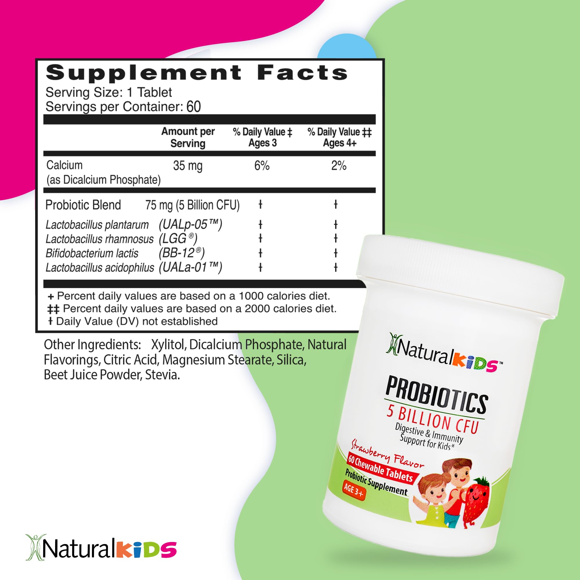 NaturalKids Probiotics for Kids Digestive Health, Immune Support & Kids Gut Health Supplements with 5 Billion CFU for Children Age 3 Up - Strawberry Flavor 60 Chewable Probiotic Tablets