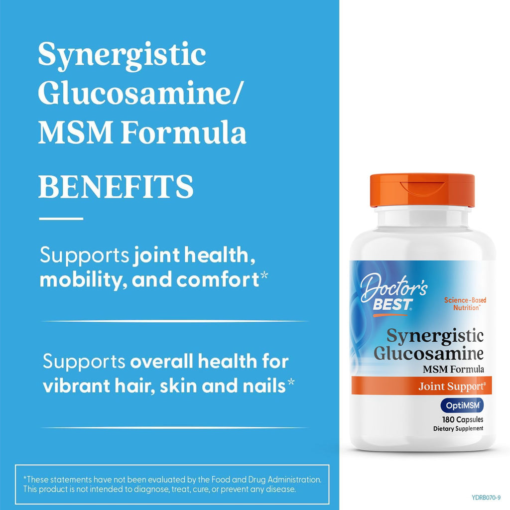 Doctor's Best Synergistic Glucosamine with MSM Formula - Joint Health Support Supplement for Women & Men, Features Vitamin C, Potassium, & Chloride, Non-GMO, Gluten Free, Soy Free - 180 Capsules
