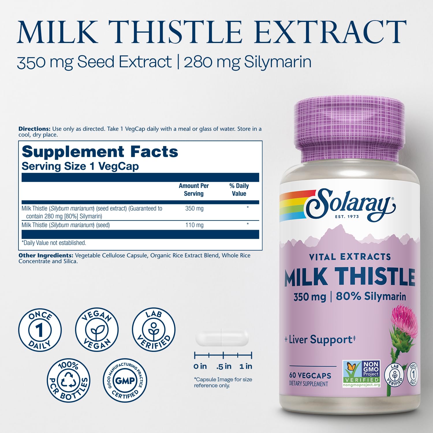SOLARAY Milk Thistle Seed Extract 350 mg Guaranteed to Contain 80% Silymarin, Traditional Liver Support, Vegan & Lab Verified for Quality, 60 Servings, 60 VegCaps