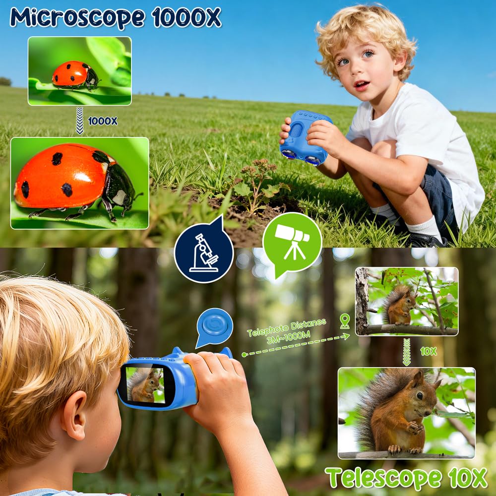 2-in-1 Kids Microscope Telescope, Temodu 2.0" 1000X Digital Microscope for Kids, HD Portable Education Telescope for Kids Birthday Festival Gift, Science Fun Toys for Children Age 4-12 (Blue)
