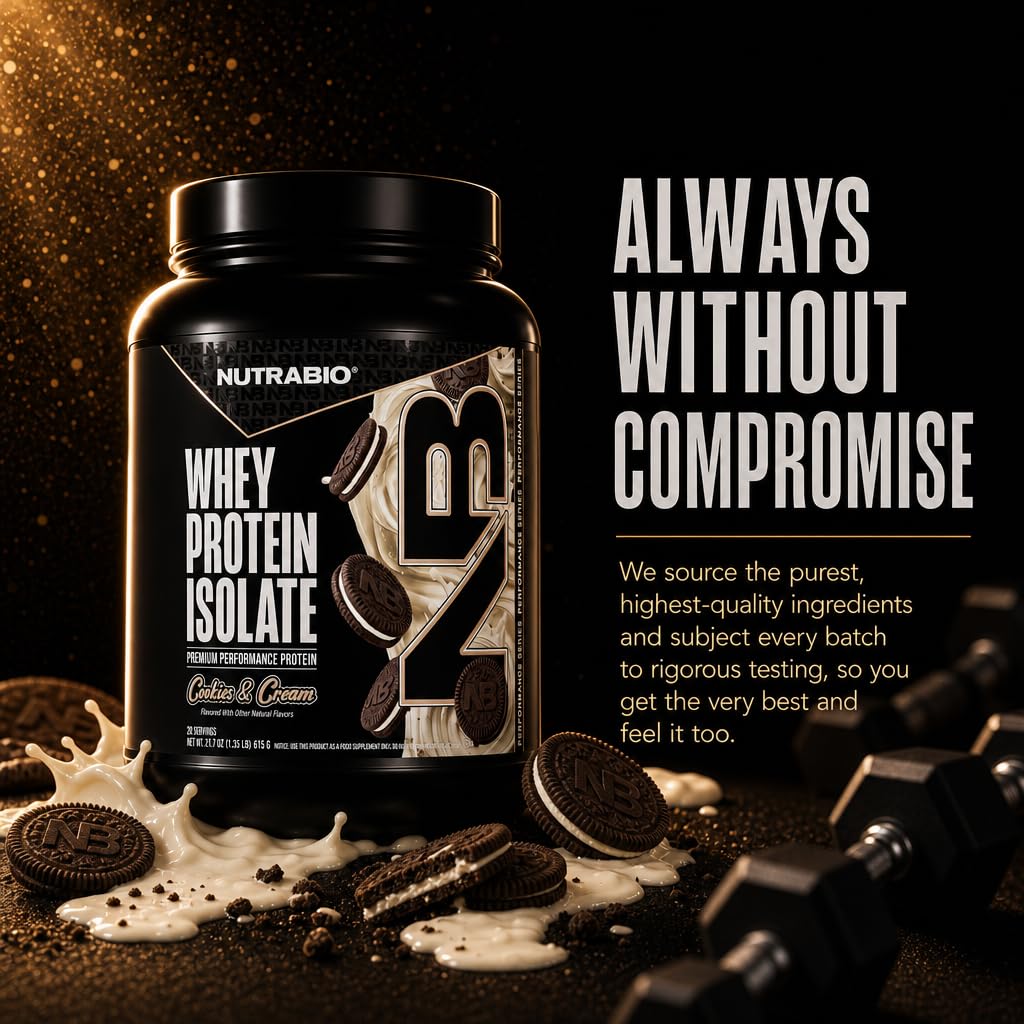 NutraBio 100% Whey Protein Isolate Protein Powder, 25g Protein with Complete Amino Acid Profile, Non-GMO, Soy & Gluten Free, Low Carb, Low Calorie Whey Protein Powder, Cookies & Cream, 20 Servings