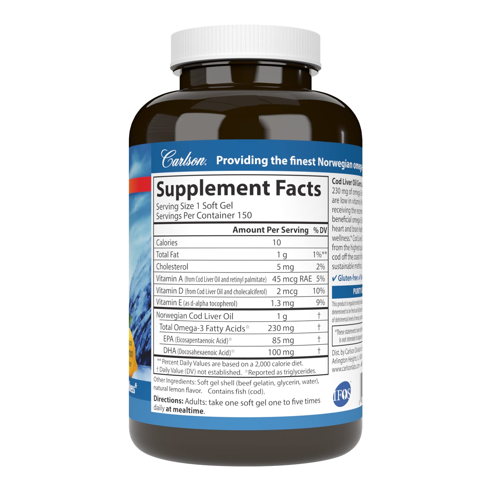 Carlson Cod Liver Oil Gems, Low Vitamin A, 230 mg Omega-3s, 150 Softgels