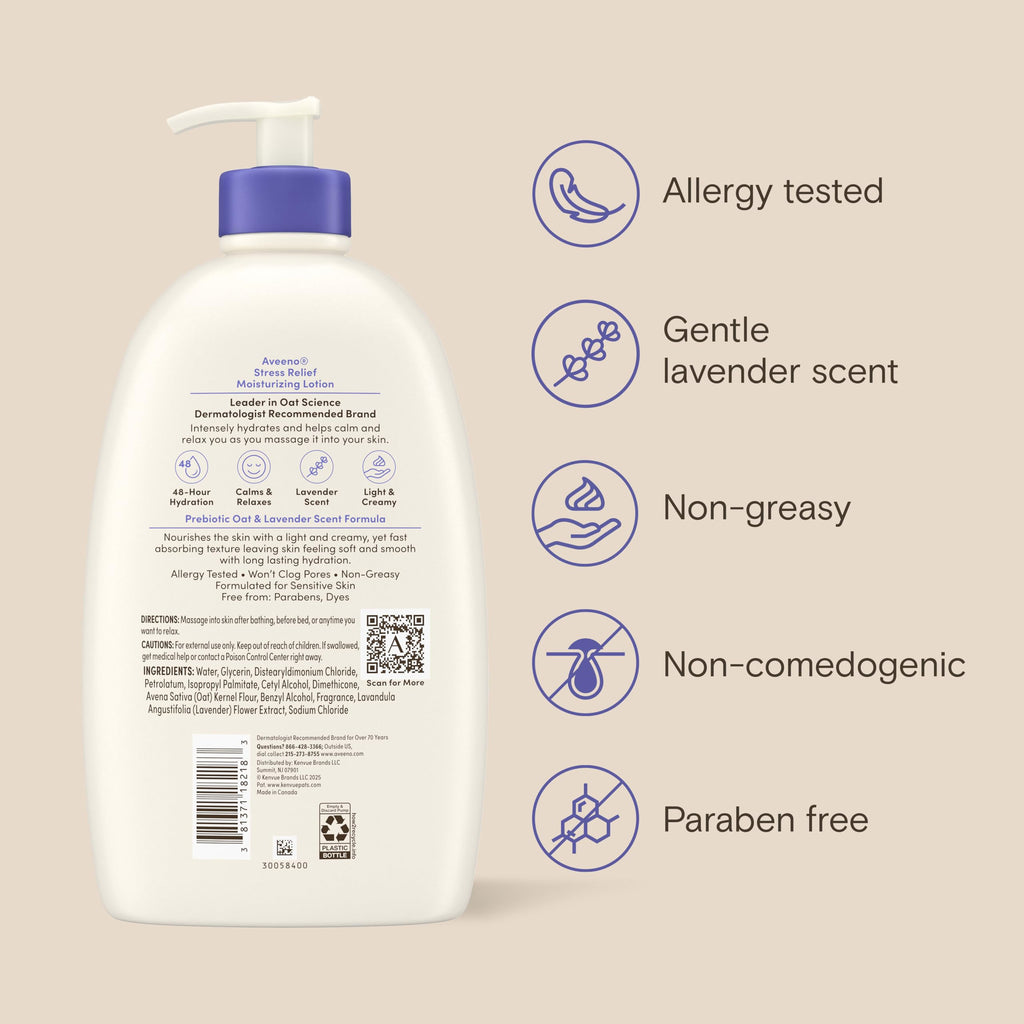 Aveeno Stress Relief Moisturizing Body Lotion, Lavender Scent with Prebiotic Oat for Sensitive Skin, Lightly Scented Lotion with 48-Hour Hydration, Fast Absorbing, Non-Greasy, Value Size 33 Fl Oz