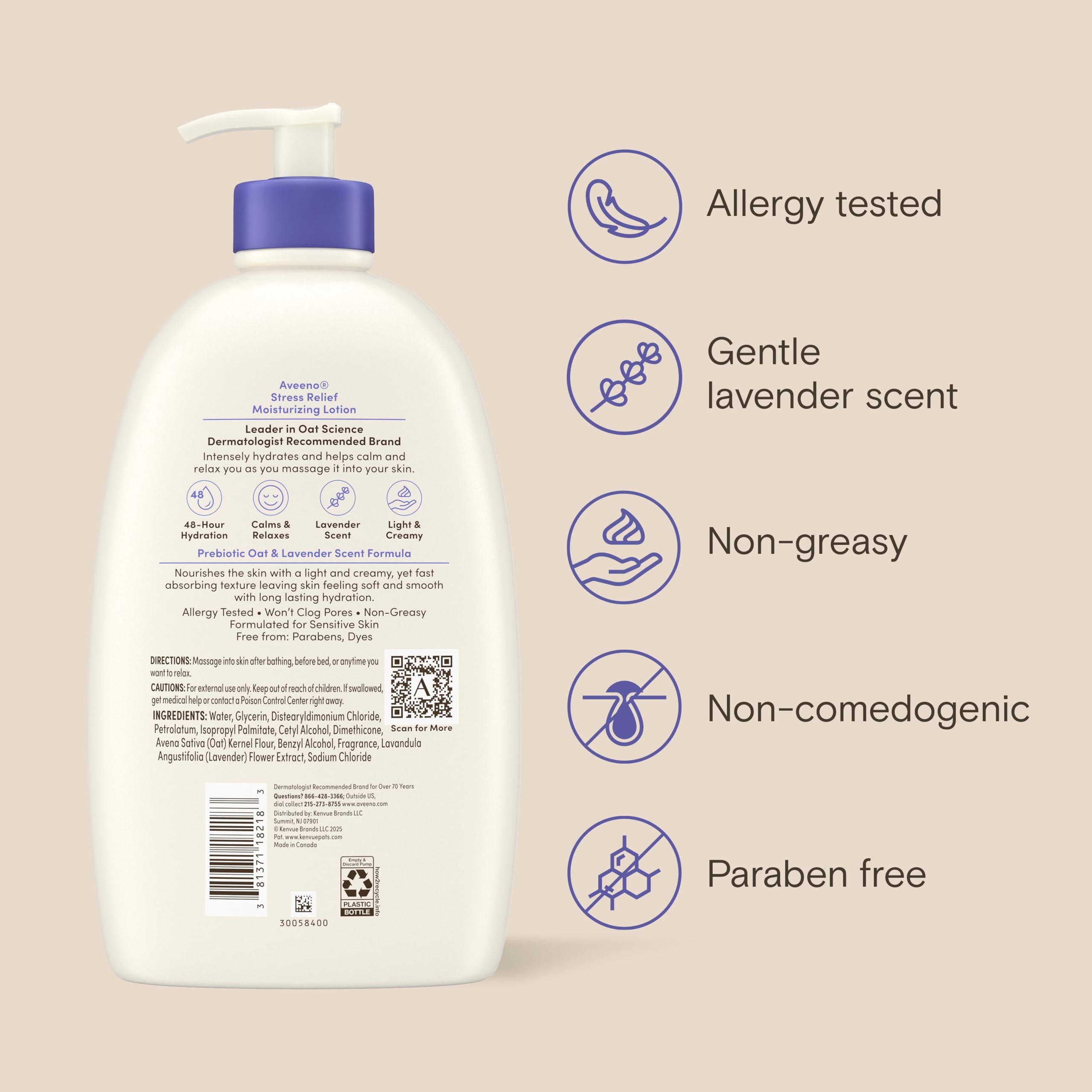 Aveeno Stress Relief Moisturizing Body Lotion, Lavender Scent with Prebiotic Oat for Sensitive Skin, Lightly Scented Lotion with 48-Hour Hydration, Fast Absorbing, Non-Greasy, Value Size 33 Fl Oz