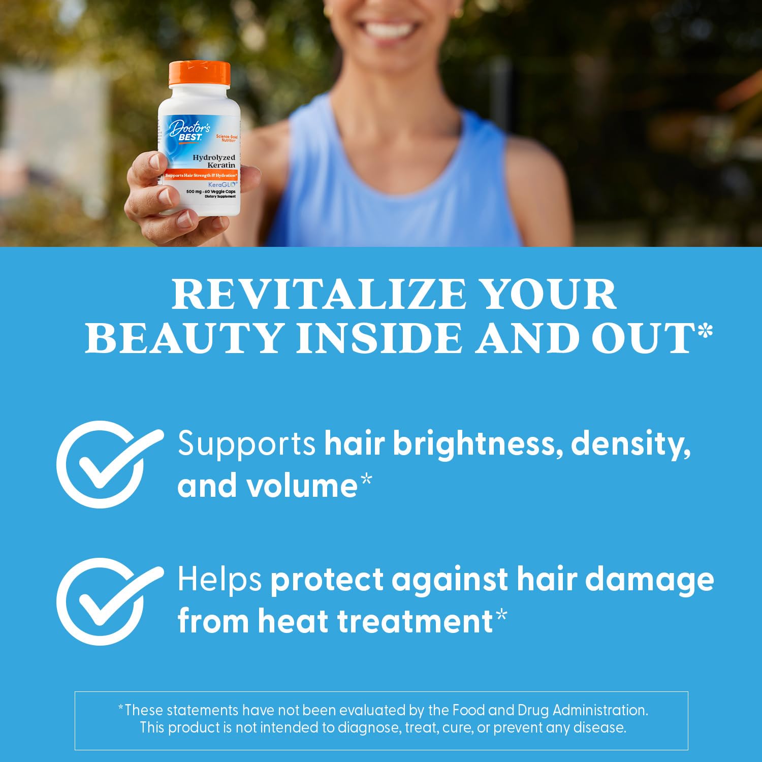 Doctor's Best Hydrolyzed Keratin Supplement for Women & Men - Keratin 500 mg for Hair Health Support, Helps Protect Hair from Heat Treatment, Non GMO & Gluten Free Capsules - 60 Veg Caps