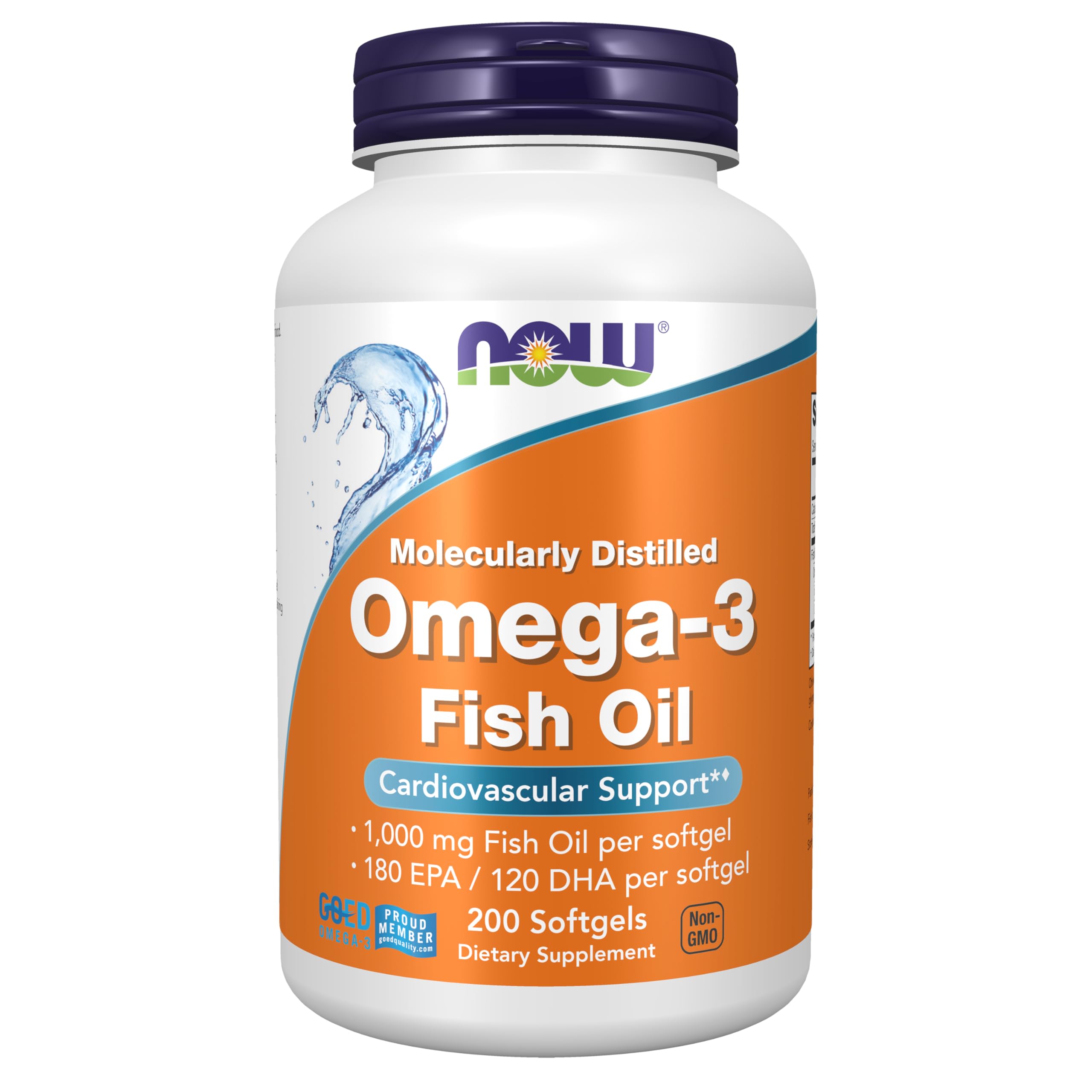 NOW Foods Supplements, Omega-3 180 EPA / 120 DHA, Molecularly Distilled, Cardiovascular Support*, 200 Softgels