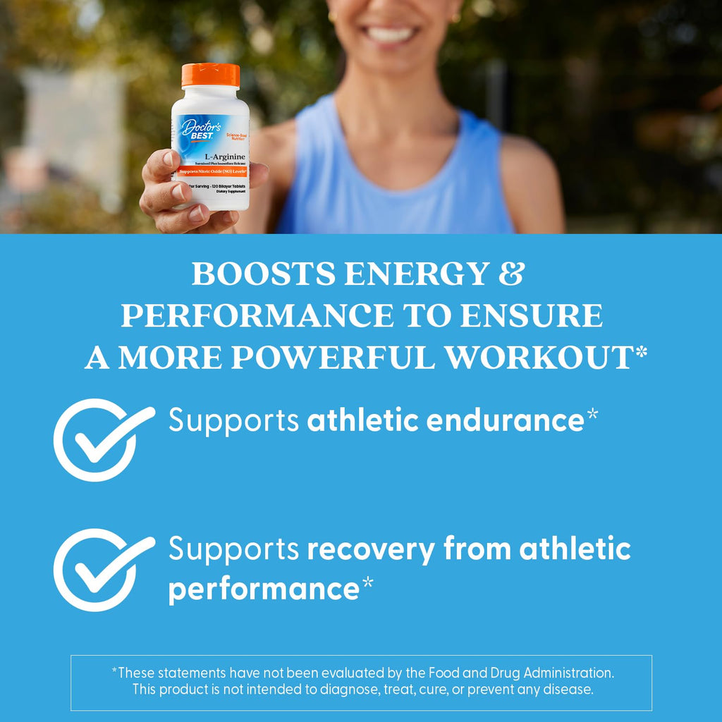 Doctor's Best L Arginine Supplement for Men & Women - L-Arginine 1000 mg Per Serving, Supports Nitric Oxide (NO) Levels, Sustained Plus Immediate Release - 120 Bilayer Tablets