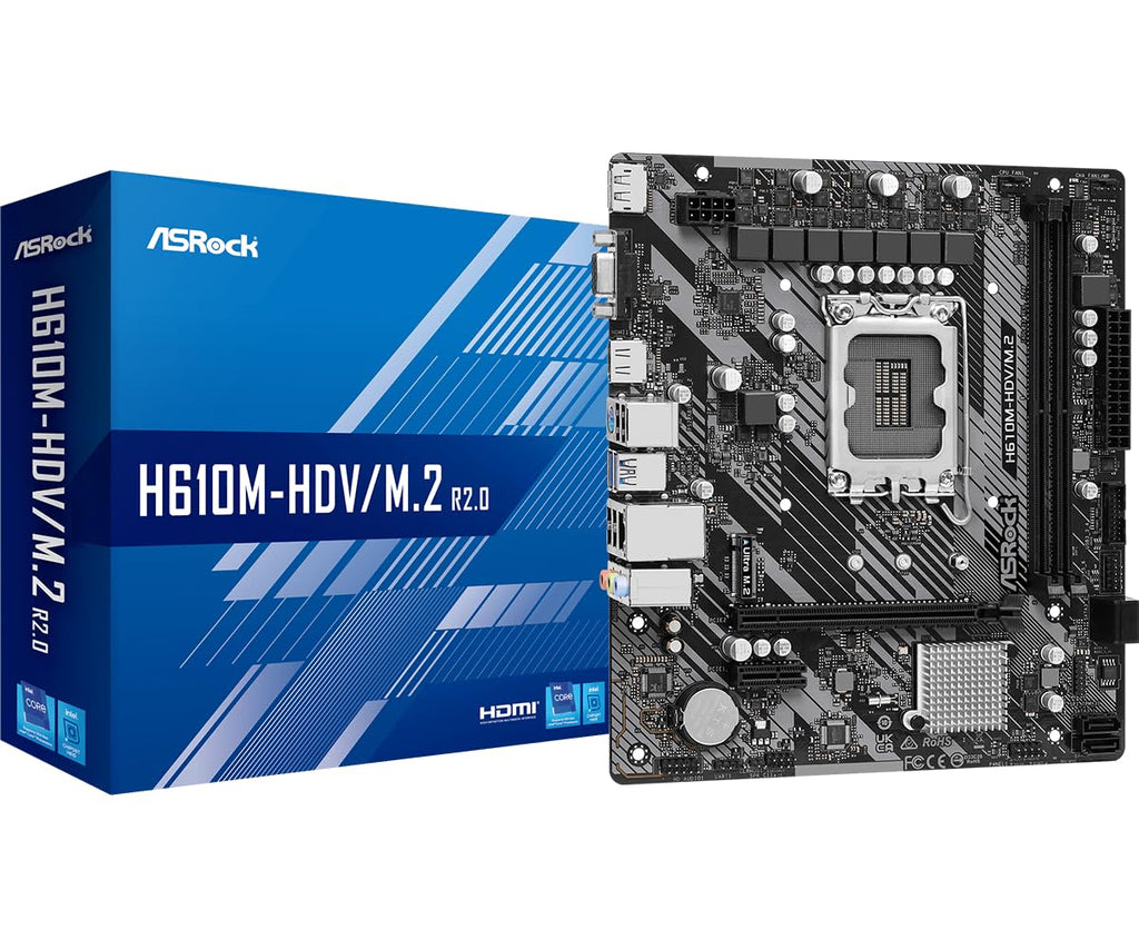 ASRock H610M-HDV/M.2 R2.0 Micro-ATX Motherboard, Supports Intel 14th/13th/12th Gen Core Processors (LGA1700), DDR4 3200, PCIe 4.0, Ultra M.2, Triple Display
