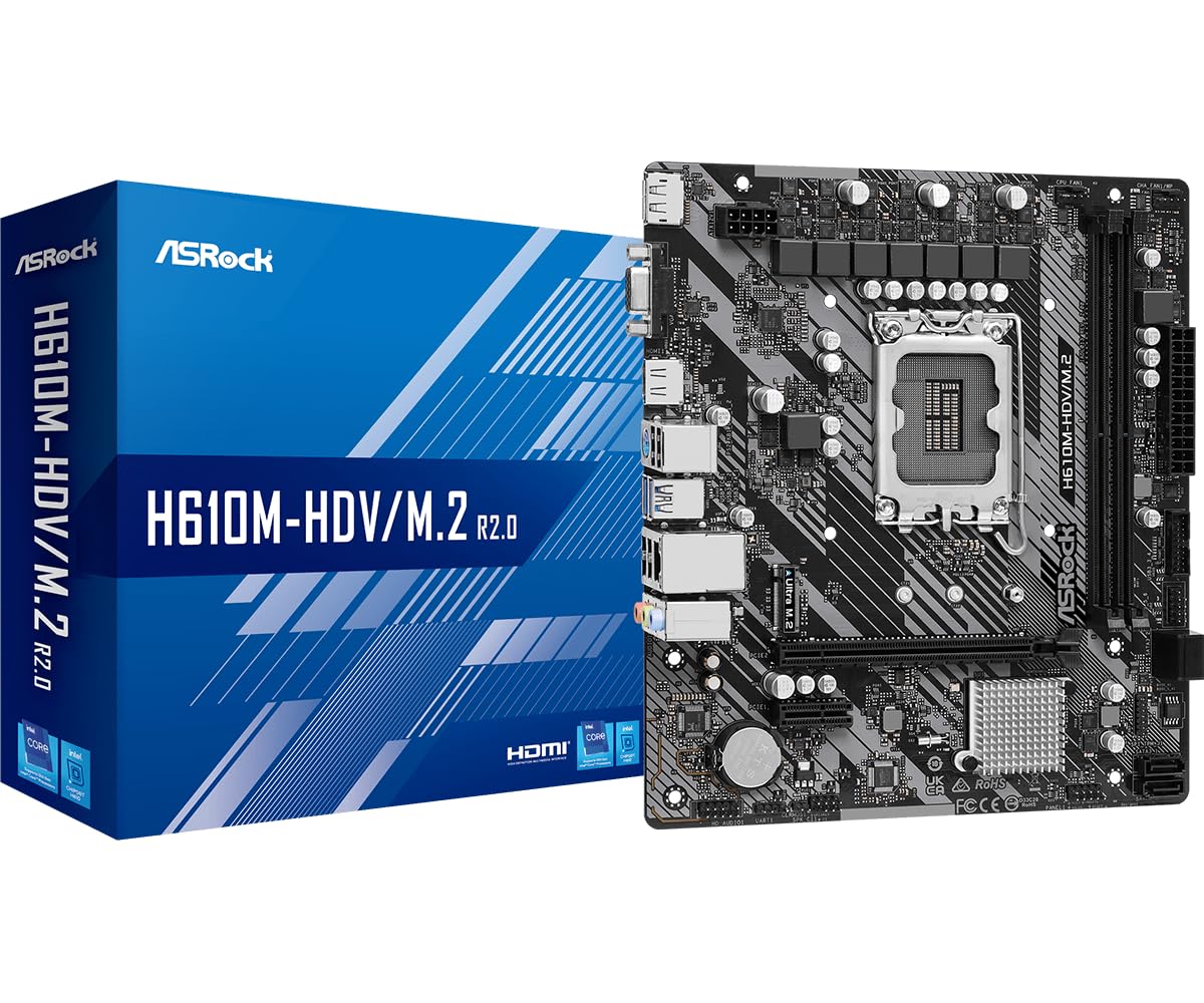 ASRock H610M-HDV/M.2 R2.0 Micro-ATX Motherboard, Supports Intel 14th/13th/12th Gen Core Processors (LGA1700), DDR4 3200, PCIe 4.0, Ultra M.2, Triple Display