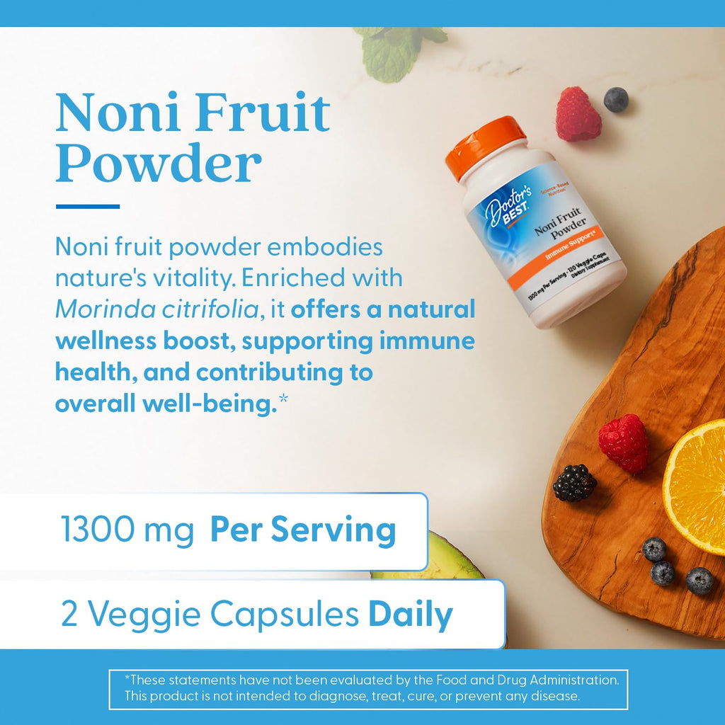 Doctor's Best Noni Fruit Powder Supplement - Noni Veggie Capsules 1300 mg Per Serving, Immune Health Support for Men & Women, Morinda Citrifolia, Non GMO, Gluten Free, Vegan - 120 Veg Caps