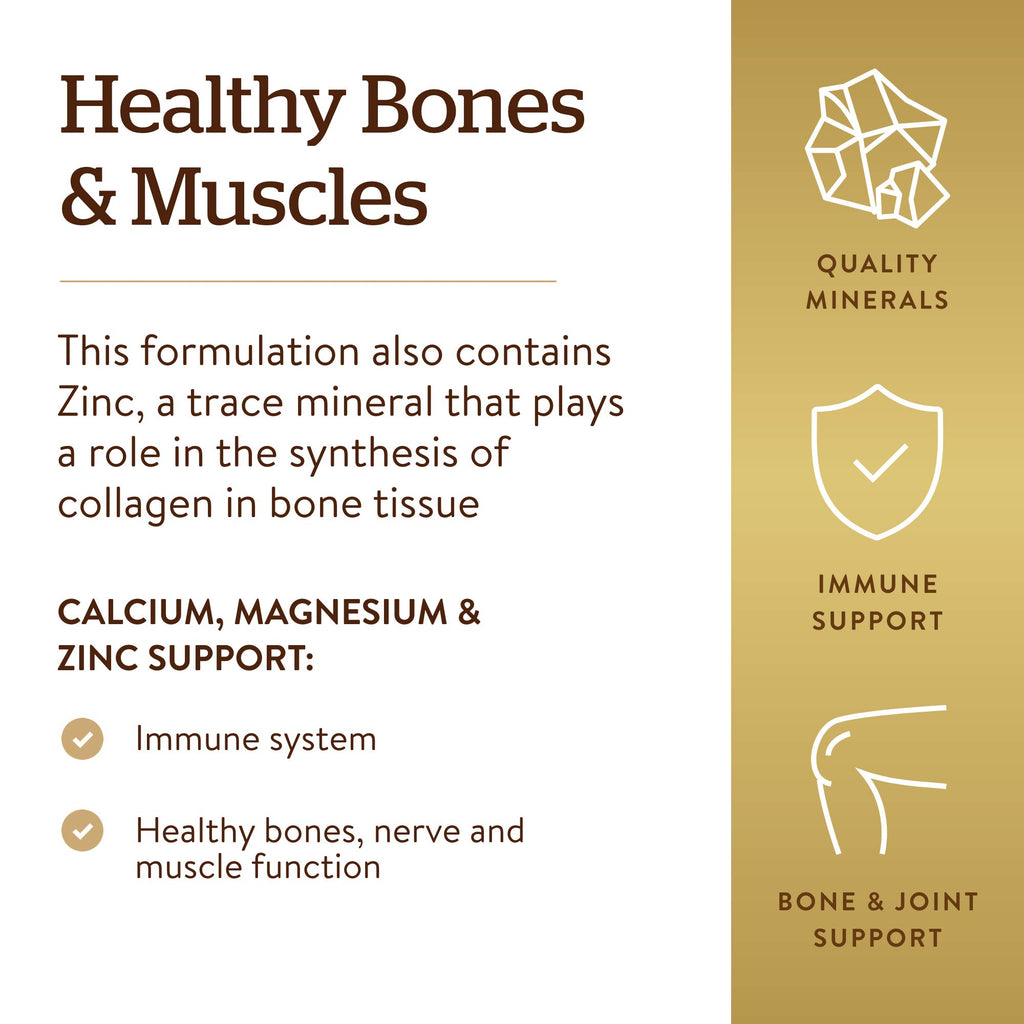 Solgar Calcium Magnesium Plus Zinc, 100 Tablets - Promotes Healthy Bones and Teeth - Supports Nerve & Muscle Function - Non-GMO, Vegan, Gluten Free, Dairy Free, Kosher - 33 Servings