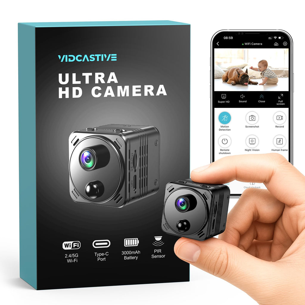 VIDCASTIVE 4K Mini Hidden Camera Dual-Band 2.4/5GHz WiFi Indoor Security Camera with AI Human Detection, Night Vision, Cloud/SD Storage, Up to 150 Days Standby Battery Life