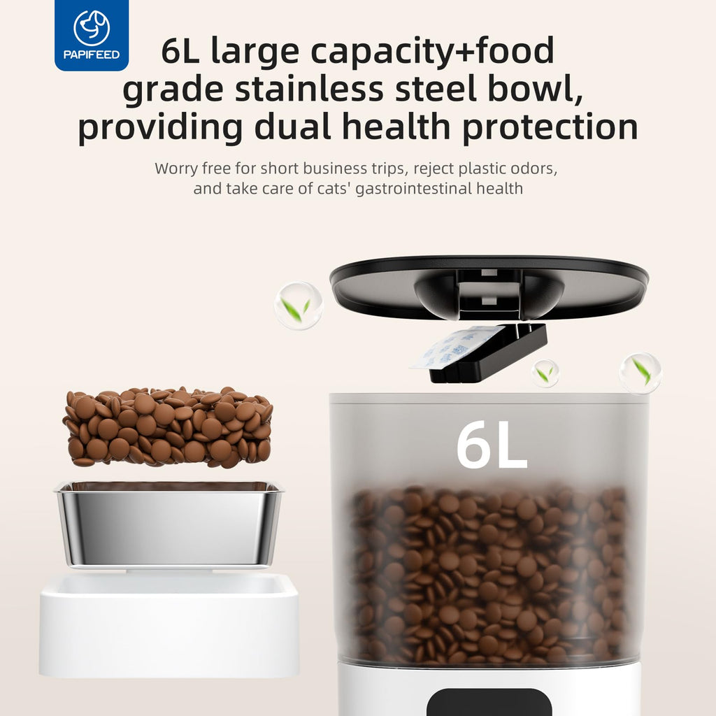 PAPIFEED Automatic Cat Feeder with App, 2.4G WiFi Cat Food Dispenser, 6L Timed Cat Feeder for Dry Food, 10 Meals/Day, 12 Portions/Meal, Dual Power Supply Smart Pet Feeder for Dog, White