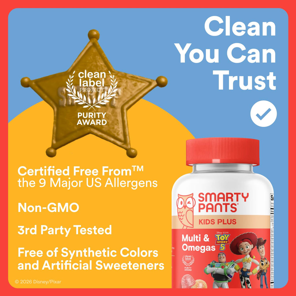 SmartyPants and Disney-Pixar’s Toy Story 5 Kids Multivitamin Gummies, Omega 3 DHA EPA, Vitamin D, C, B12, E, Zinc and Iodine, Clean Label, Gluten Free, Mixed Fruit Flavors, 30 Day Supply, 60 Gummies