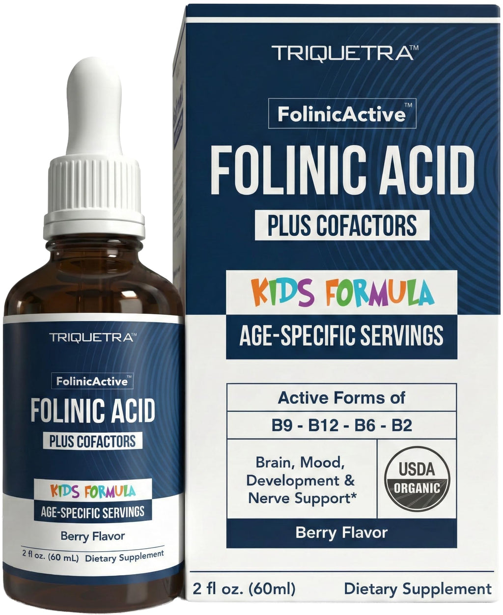 Organic FolinicActive Kids - Folinic Acid + B12, B6 & B2 Cofactors - Gentle Methylation Support for Mood, Energy & Cognition, Age Adjustable Dosing for Kids 1-18, Non GMO, Vegan, Berry Flavor (60mL)